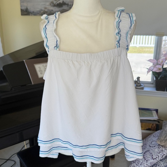 Crown & Ivy nautical flowing relaxed fit swing top white blue turquoise ruffles - Picture 1 of 10